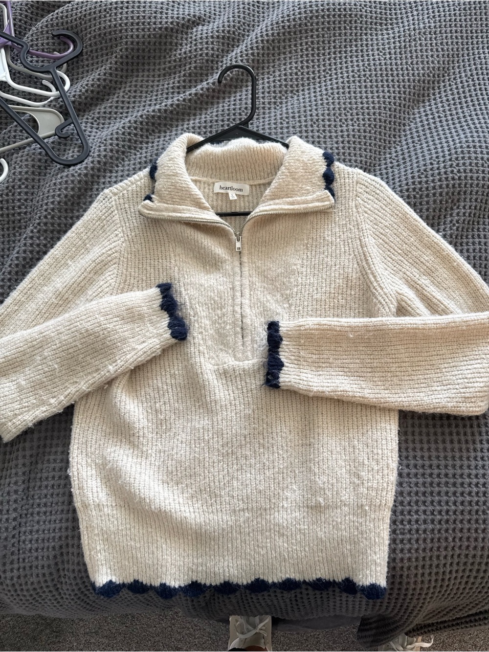 Heartloom Cream Half-Zip Turtleneck Sweater with Navy Trim